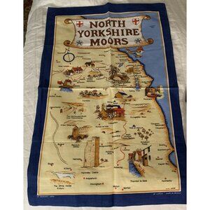Vintage Clive Mayor Yorkshire Made in Britain Tea Towel Blue Souvenir Map Cotton